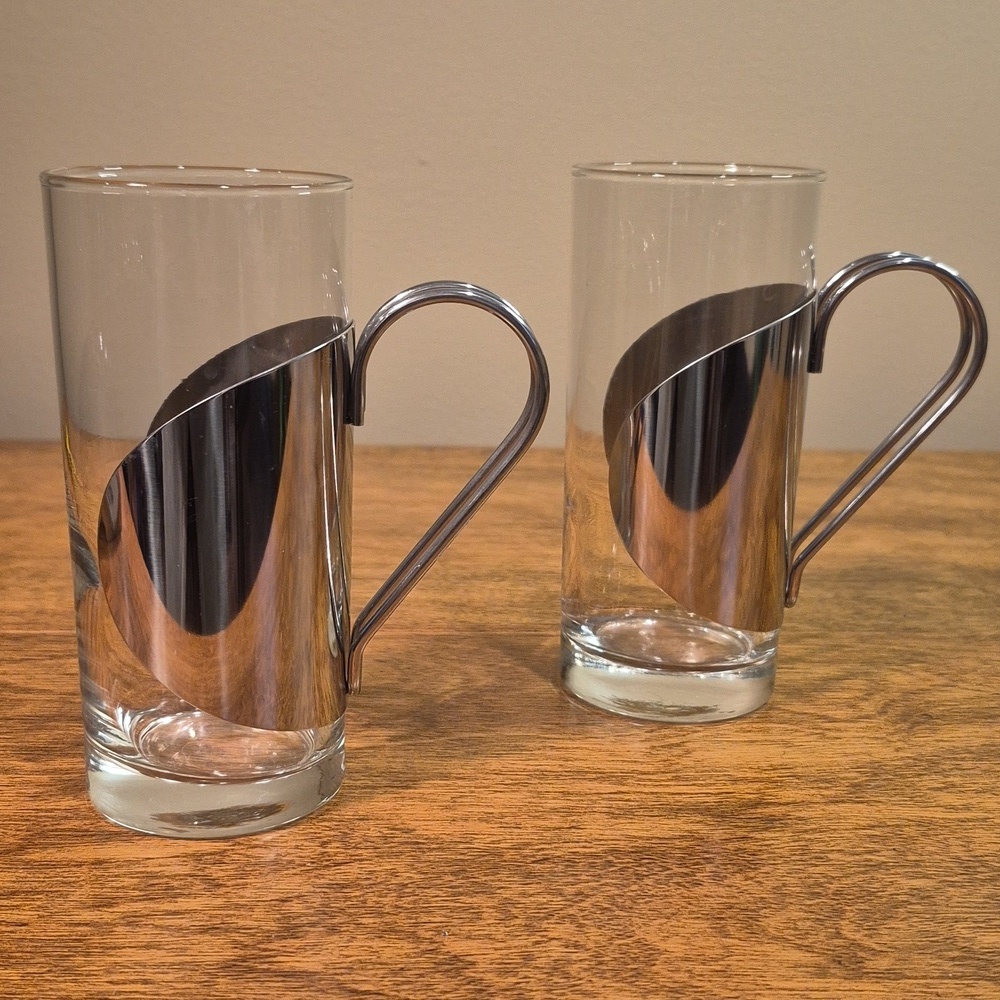 VINTAGE Danish Style Stainless Steel Caged Glass Hot Toddy Drinking Glasses